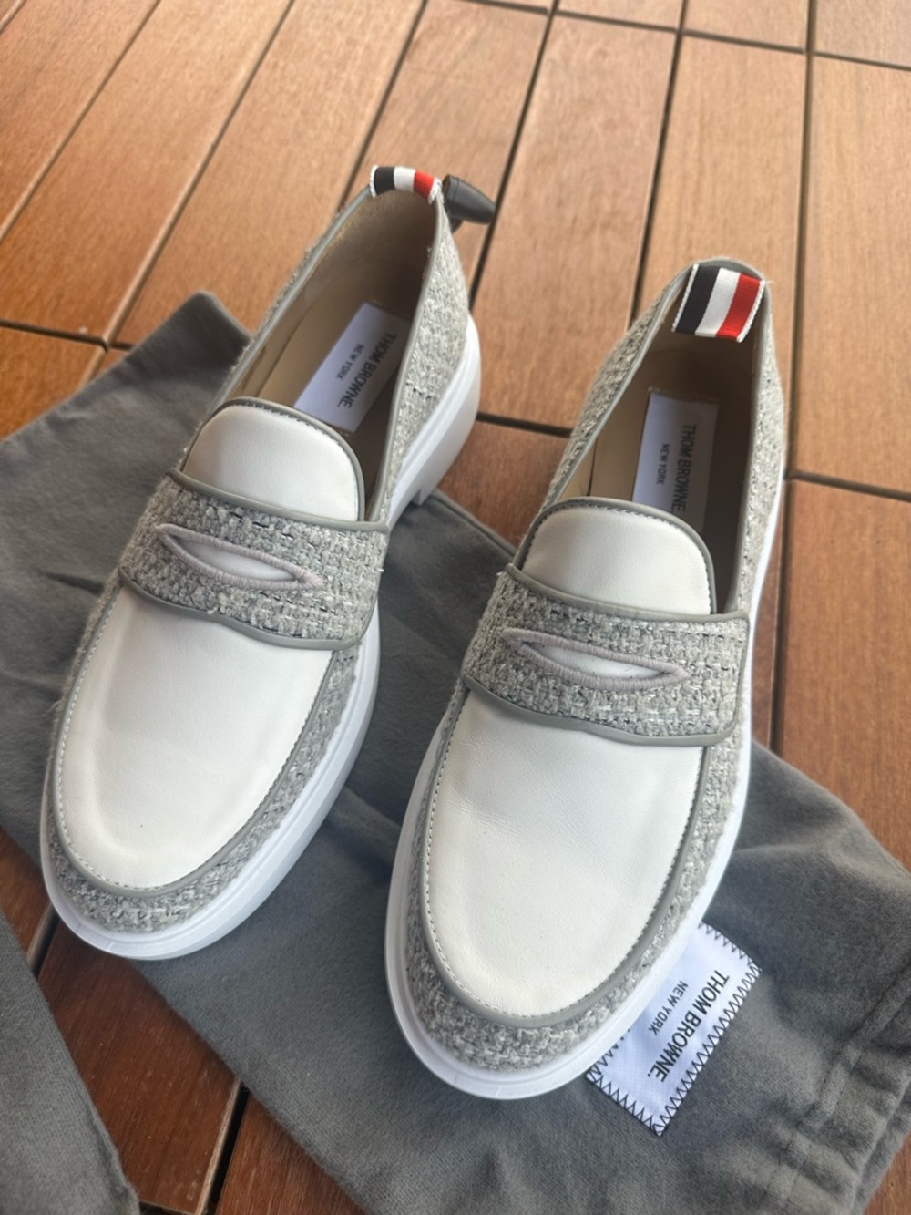 Thom Browne White Leather & Gray Tweed Slip-On Loafers